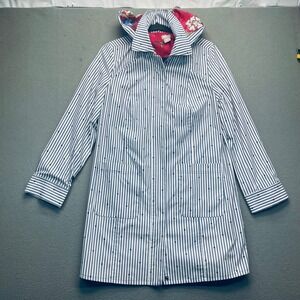 Chico's Striped Hooded Rain Jacket Floral Lined Blue White Black Dots Size 0